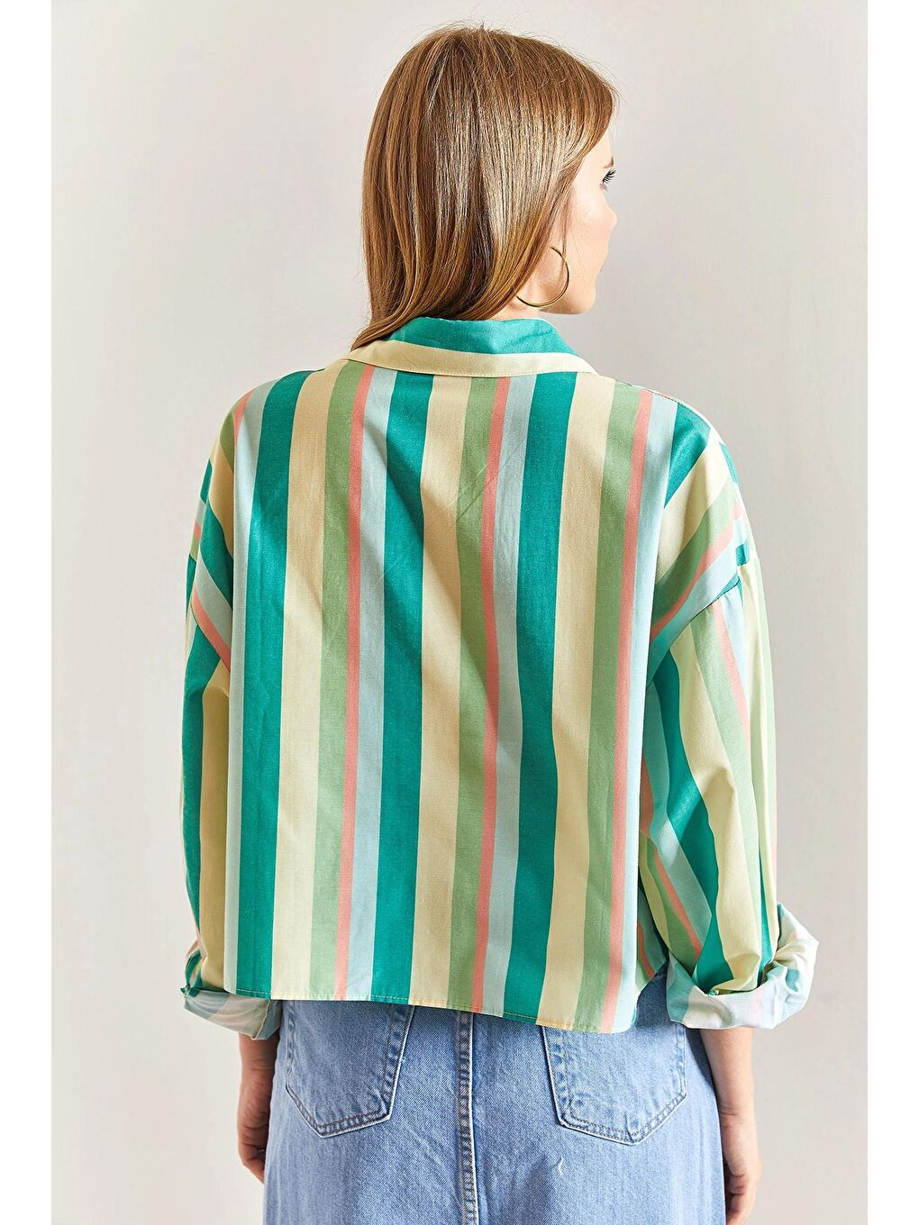 Yeşil Kadın Multi Renkli Kol Katlamalı Poplin Gömlek-1