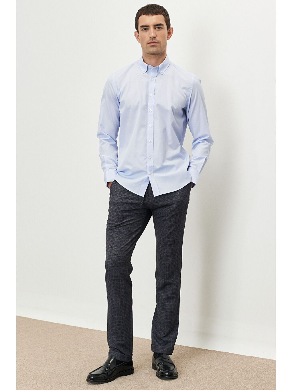 Erkek Beyaz-Mavi Slim Fit Dar Kesim Düğmeli Yaka Çizgili Gömlek-1