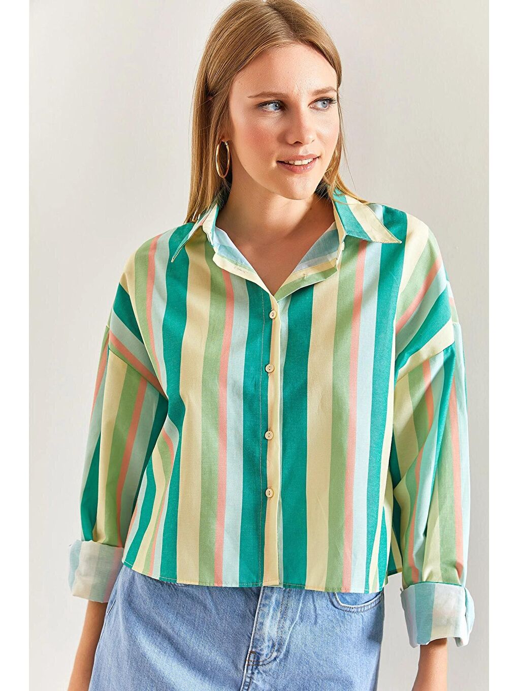 Yeşil Kadın Multi Renkli Kol Katlamalı Poplin Gömlek-2