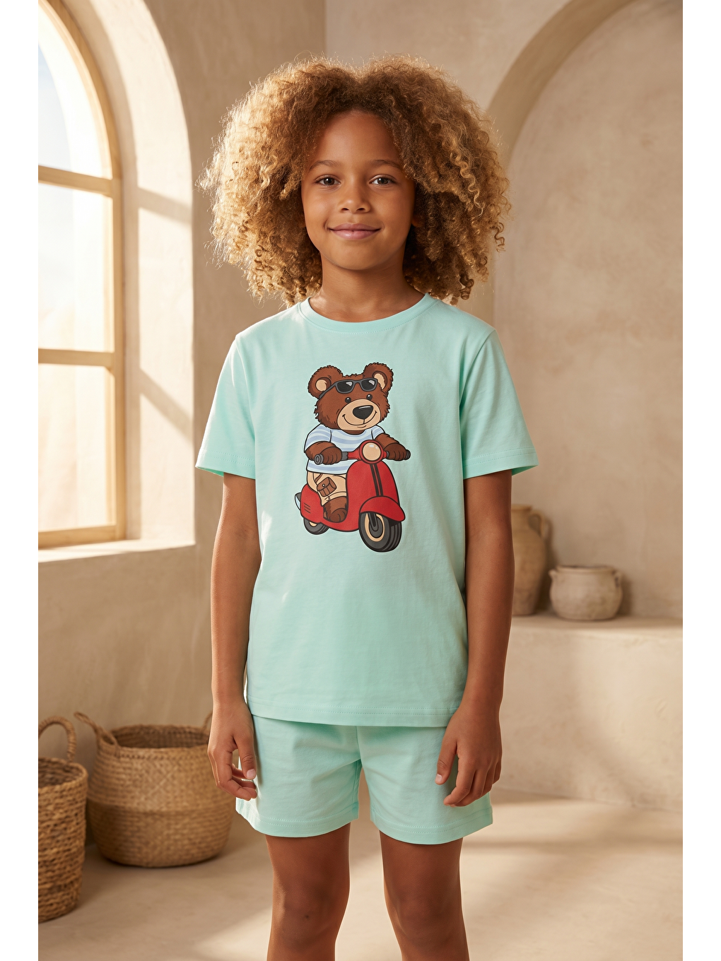Karışık Çocuk Motorlu Teddy Desenli Şortlu Pijama Takımı