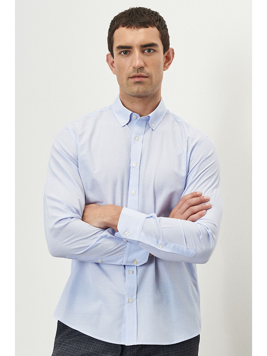 Erkek Beyaz-Mavi Slim Fit Dar Kesim Düğmeli Yaka Çizgili Gömlek-2