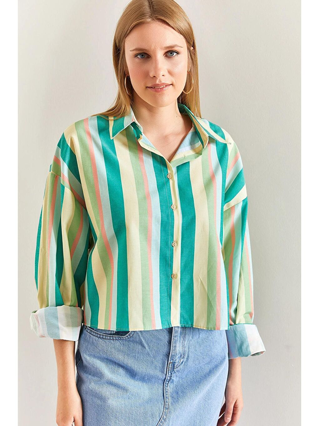 Yeşil Kadın Multi Renkli Kol Katlamalı Poplin Gömlek-3