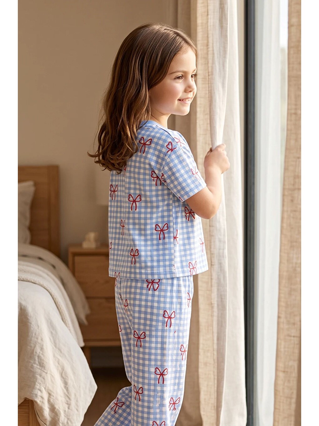 Kız Çocuk Pötikare Desenli Mavi Beyaz Renk Fiyonklu Kısa Kol %100 Pamuk Pijama Takımı-2