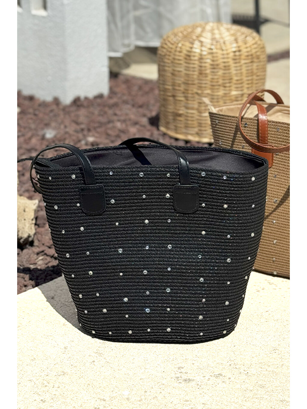 Taşlı Hasır Çanta Plaj Çantası 2006 Siyah
