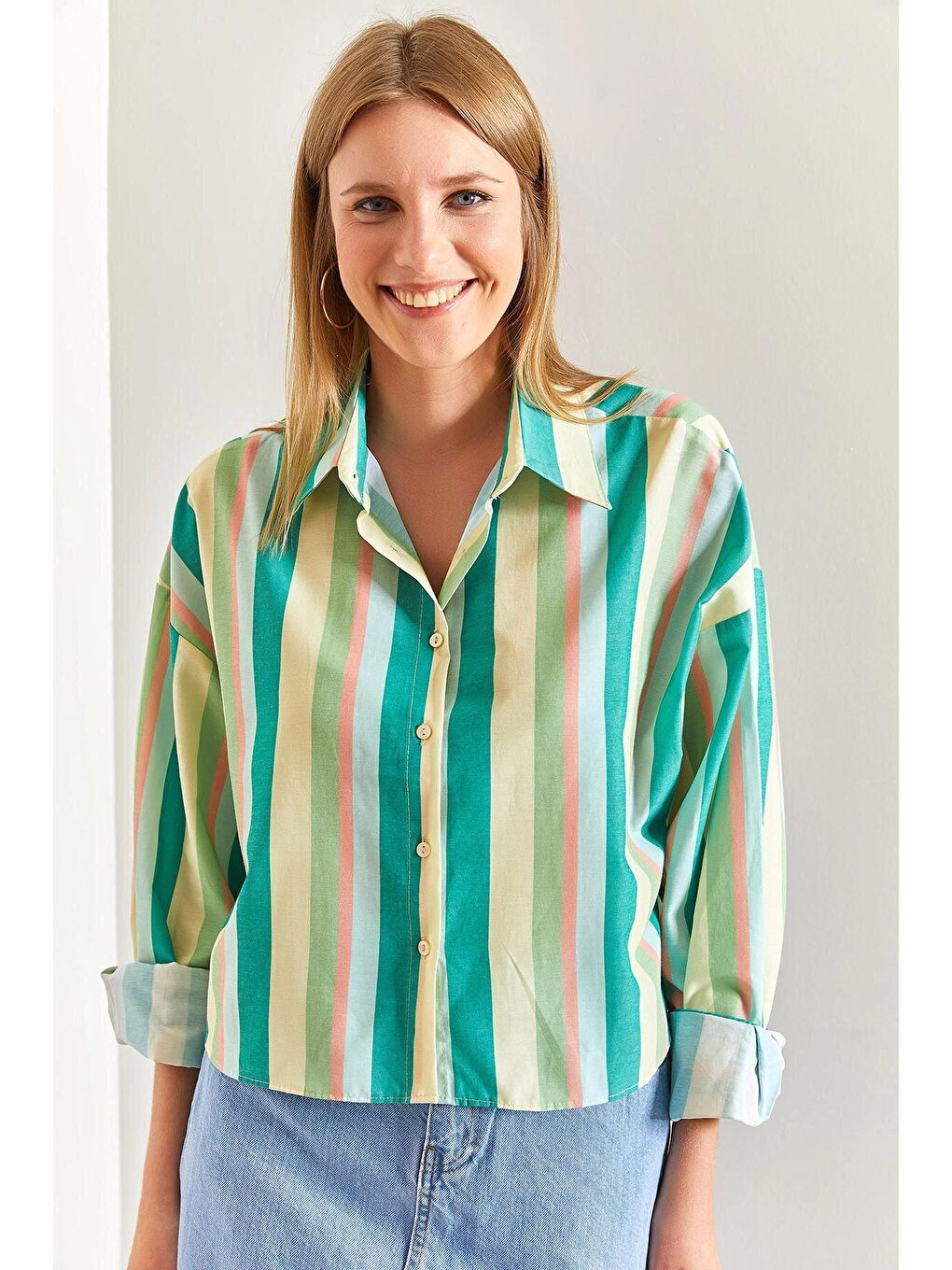 Yeşil Kadın Multi Renkli Kol Katlamalı Poplin Gömlek-4