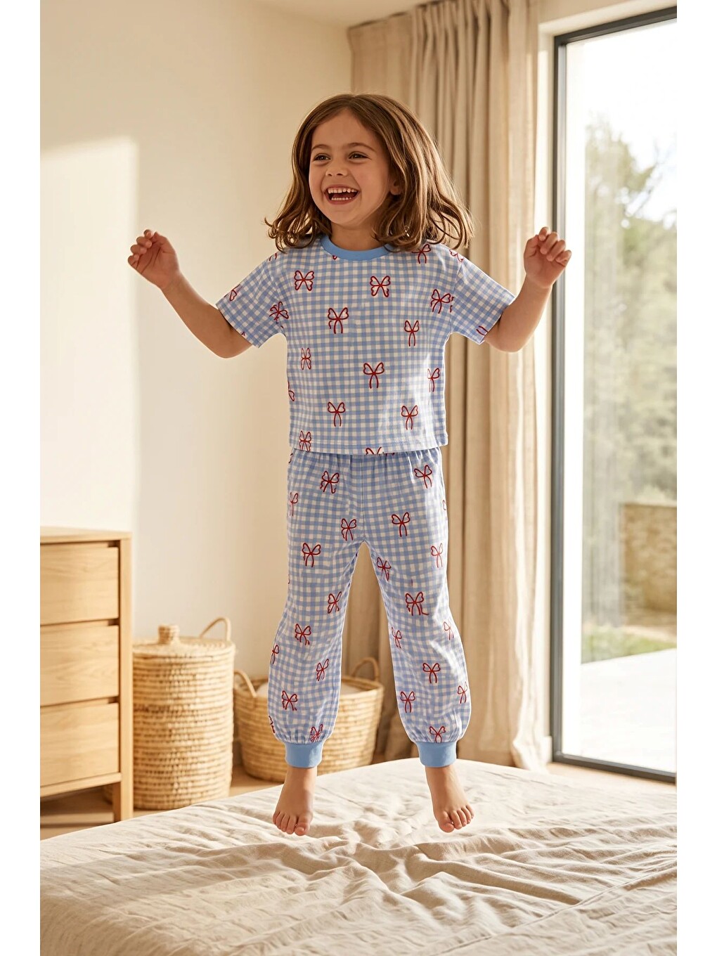 Kız Çocuk Pötikare Desenli Mavi Beyaz Renk Fiyonklu Kısa Kol %100 Pamuk Pijama Takımı-5