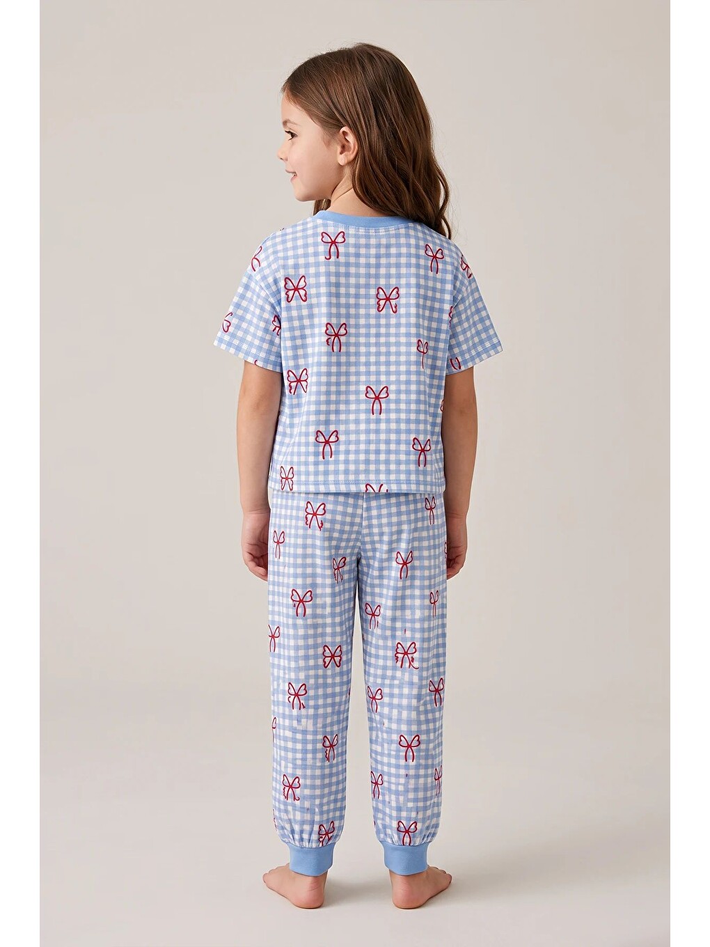 Kız Çocuk Pötikare Desenli Mavi Beyaz Renk Fiyonklu Kısa Kol %100 Pamuk Pijama Takımı-6