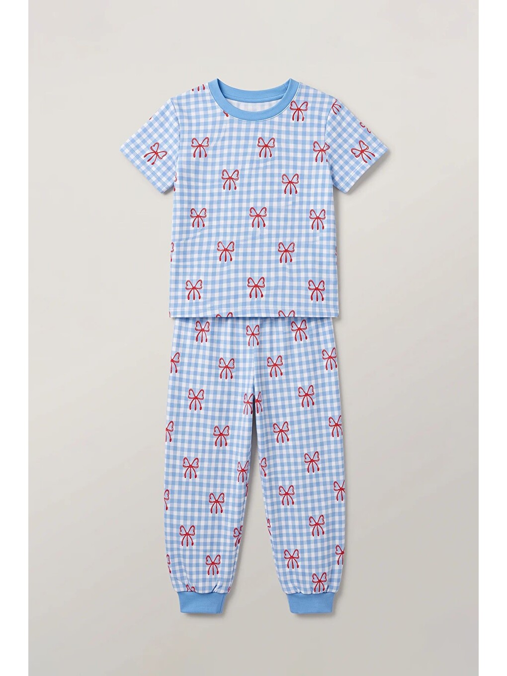 Kız Çocuk Pötikare Desenli Mavi Beyaz Renk Fiyonklu Kısa Kol %100 Pamuk Pijama Takımı-7
