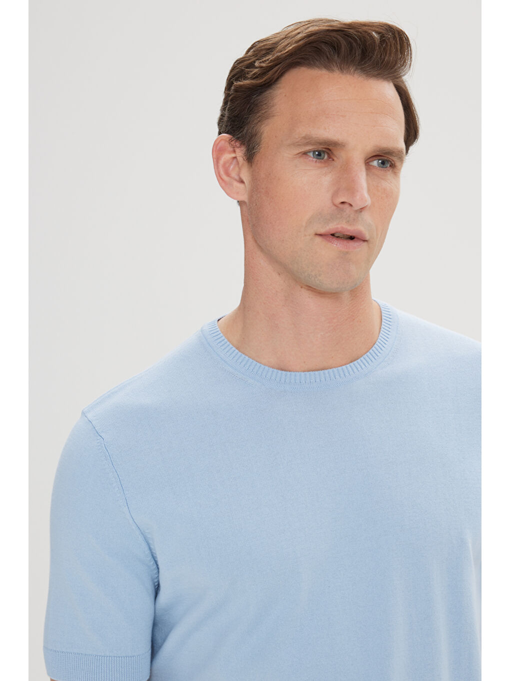 Erkek Mavi Standart Fit Normal Kesim %100 Pamuk Bisiklet Yaka Triko Tişört-3