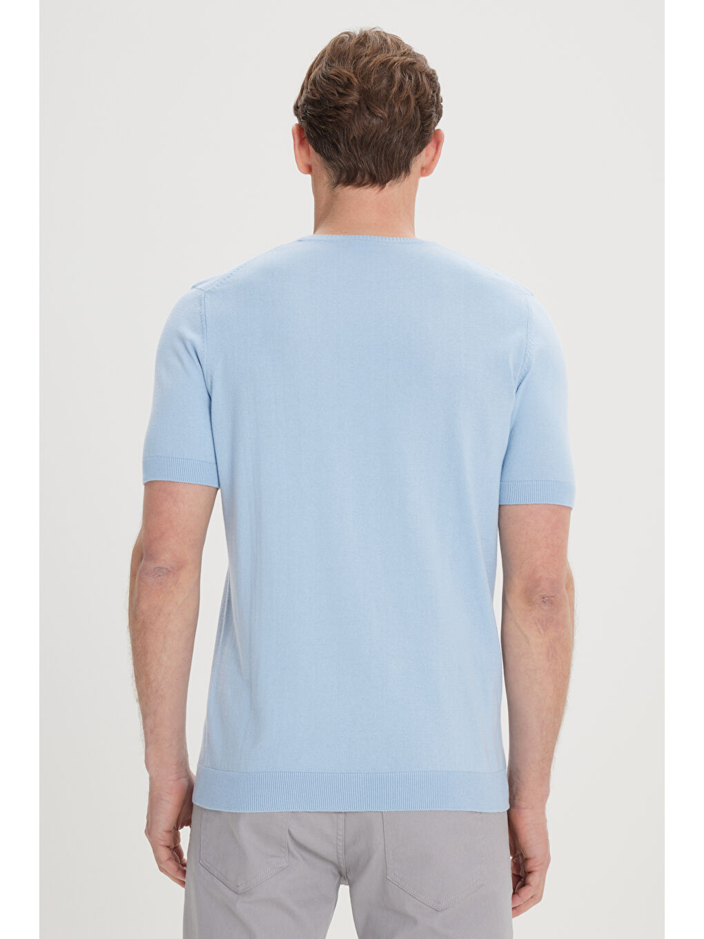 Erkek Mavi Standart Fit Normal Kesim %100 Pamuk Bisiklet Yaka Triko Tişört-4