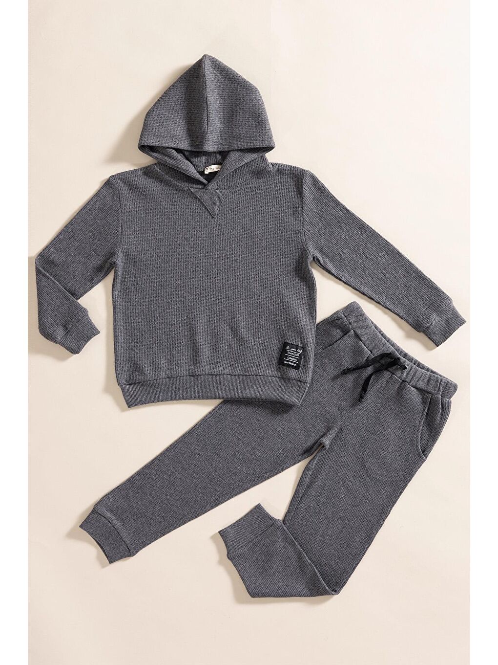 For You Kids 2 li Kapüşonlu Antrasit Waffle Sweat Jogger Alt Üst Takım