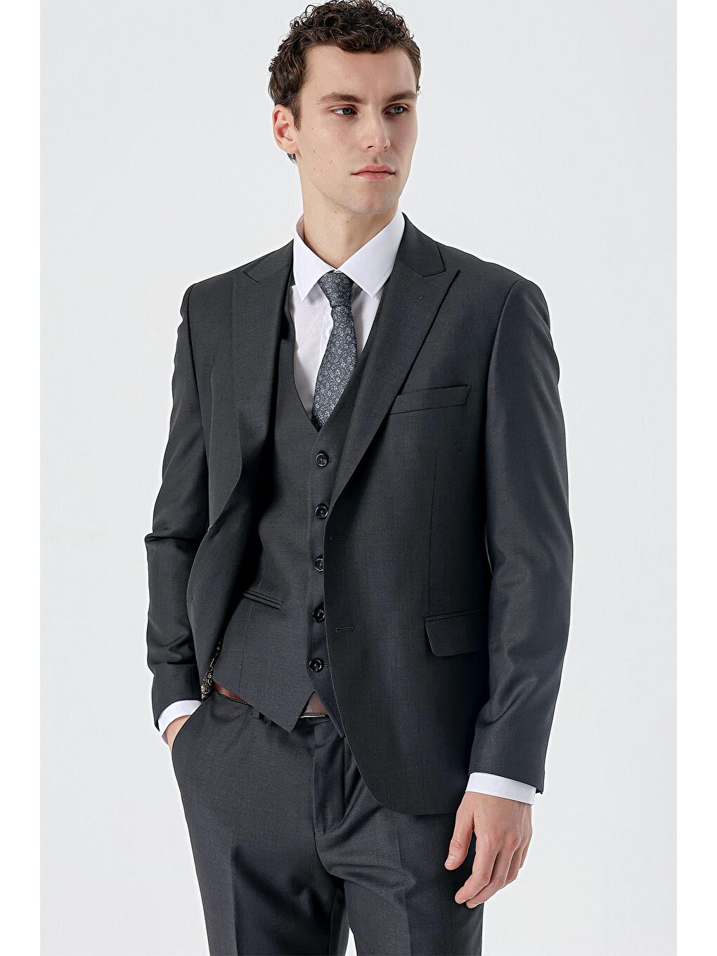 İMZA Koyu Antrasit Kırlangıç Yaka Yelekli 6 Drop Slim Fit Dar Kesim Klasik Takım Elbise 1001235166