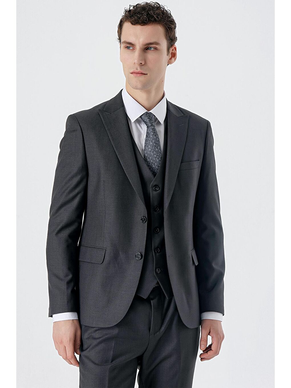 İMZA Koyu Antrasit Kırlangıç Yaka Yelekli 6 Drop Slim Fit Dar Kesim Klasik Takım Elbise 1001235166 - 1