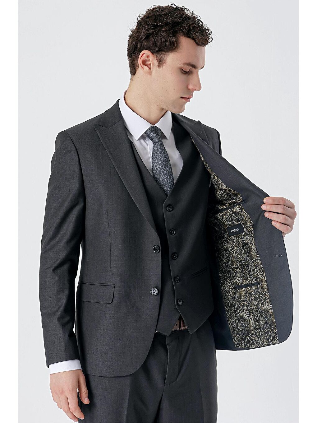 İMZA Koyu Antrasit Kırlangıç Yaka Yelekli 6 Drop Slim Fit Dar Kesim Klasik Takım Elbise 1001235166 - 2