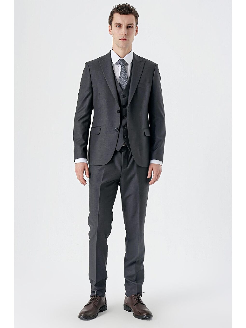 İMZA Koyu Antrasit Kırlangıç Yaka Yelekli 6 Drop Slim Fit Dar Kesim Klasik Takım Elbise 1001235166 - 3