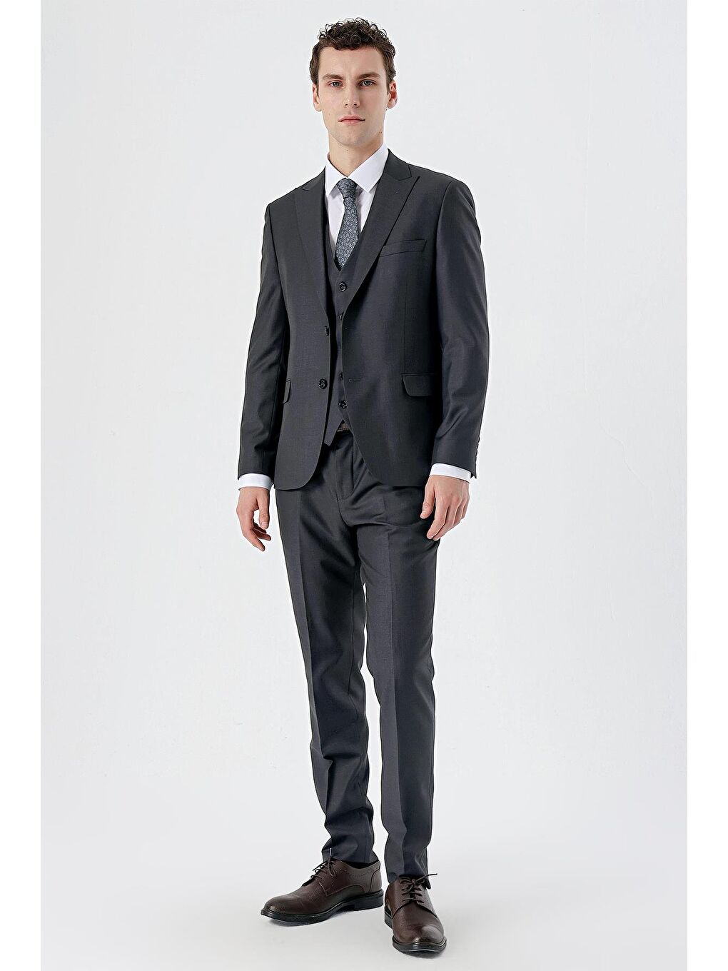İMZA Koyu Antrasit Kırlangıç Yaka Yelekli 6 Drop Slim Fit Dar Kesim Klasik Takım Elbise 1001235166 - 4