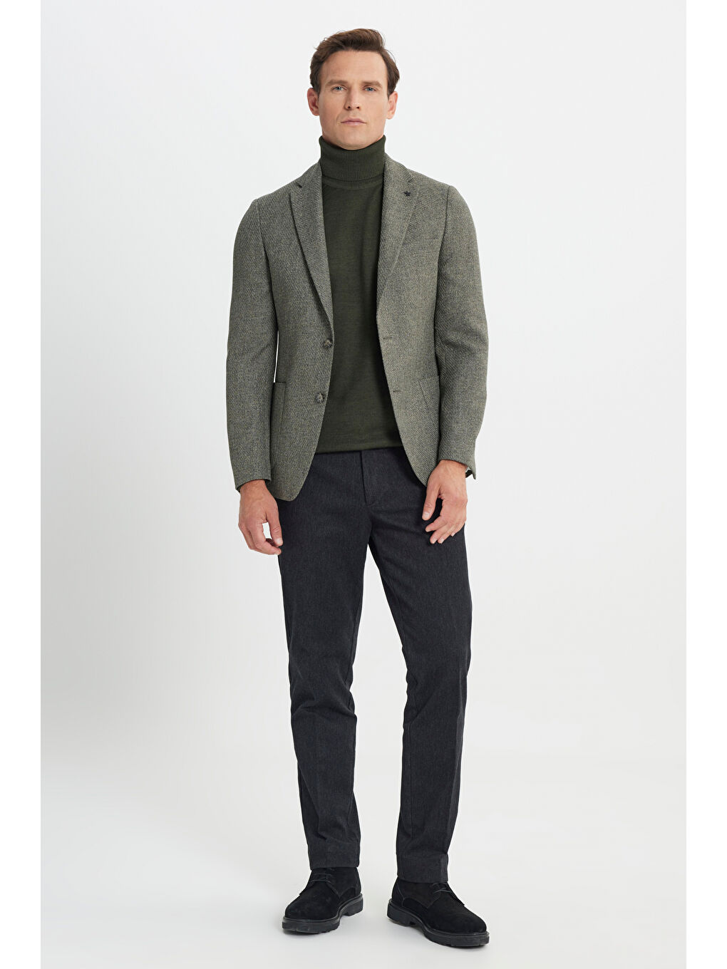 Erkek Haki Slim Fit Dar Kesim Mono Yaka Desenli Torba Cepli Ceket-1