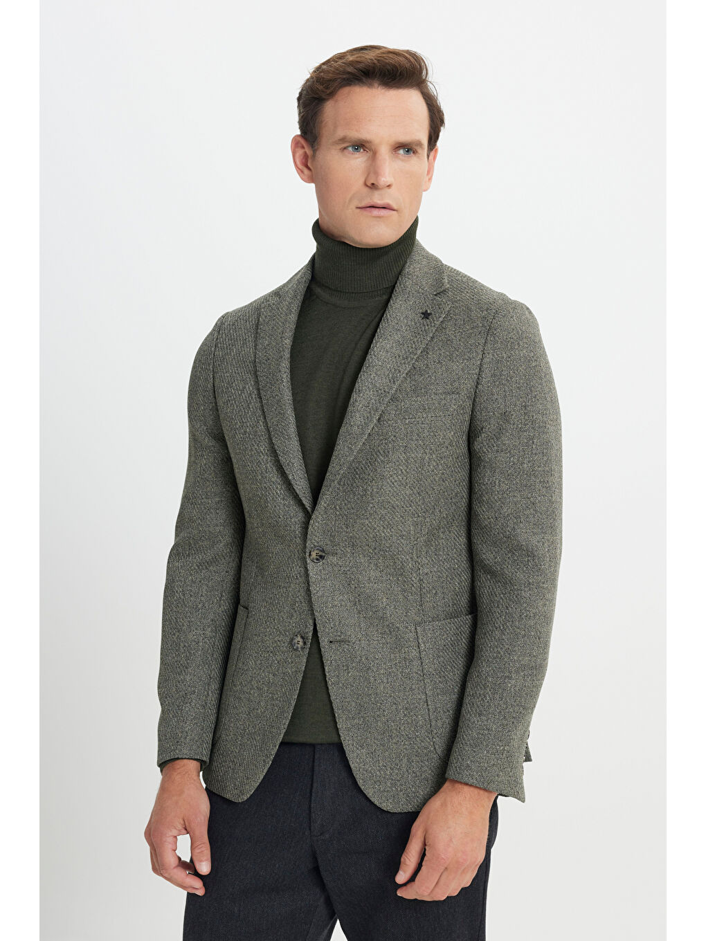 Erkek Haki Slim Fit Dar Kesim Mono Yaka Desenli Torba Cepli Ceket-2