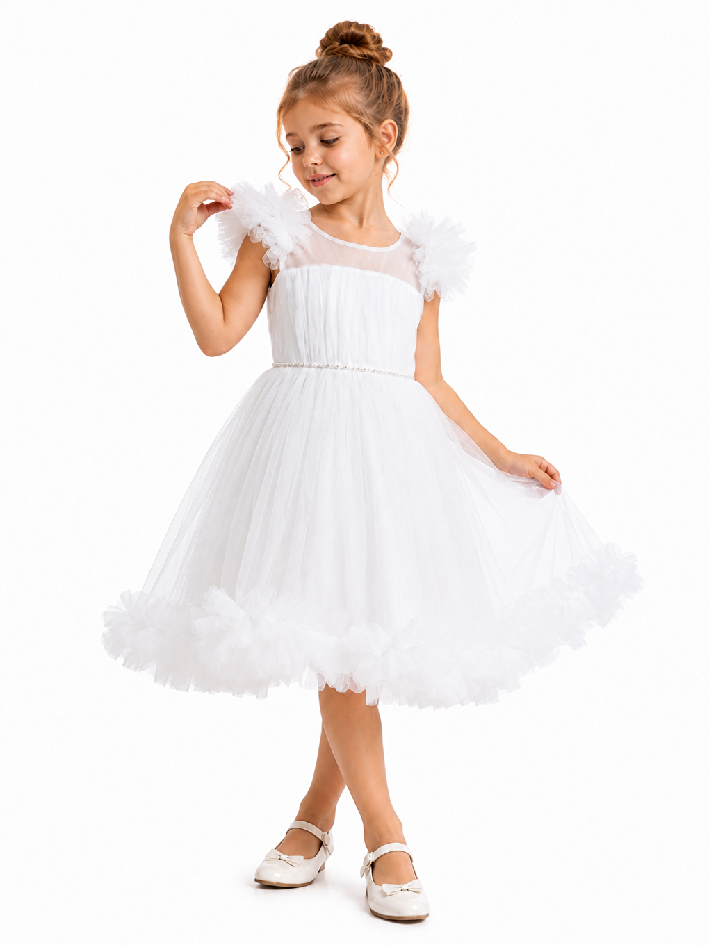 Beyaz Kız Çocuk Prenses Model Tül Mezuniyet Elbisesi Ak230