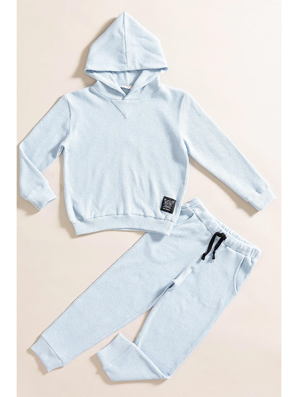 For You Kids 2 li Kapüşonlu Mavi Waffle Sweat Jogger Alt Üst Takım