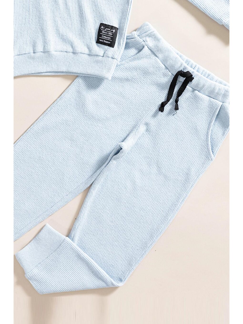 For You Kids 2 li Kapüşonlu Mavi Waffle Sweat Jogger Alt Üst Takım - 2