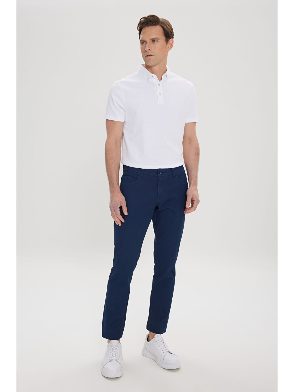 Erkek Lacivert Pamuklu Slim Fit Dar Kesim 5 Cep Armürlü Esnek Pantolon-3