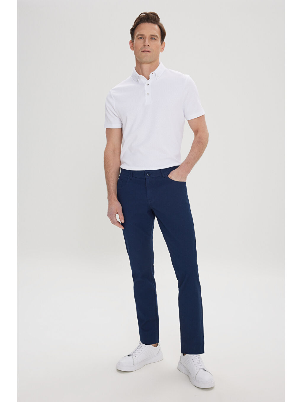 Erkek Lacivert Pamuklu Slim Fit Dar Kesim 5 Cep Armürlü Esnek Pantolon-4