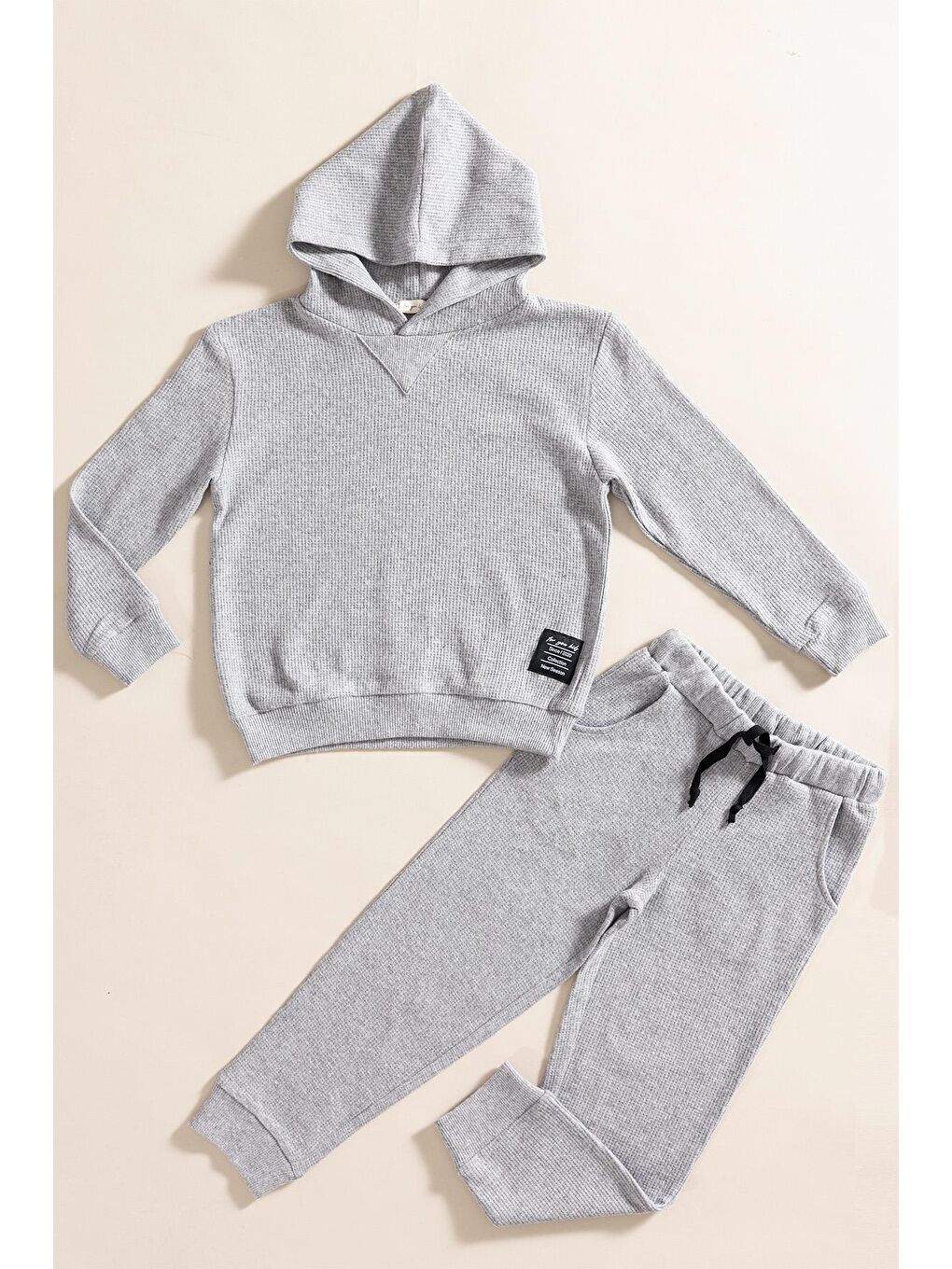 For You Kids 2 li Kapüşonlu Koyu Gri Waffle Sweat Jogger Alt Üst Takım