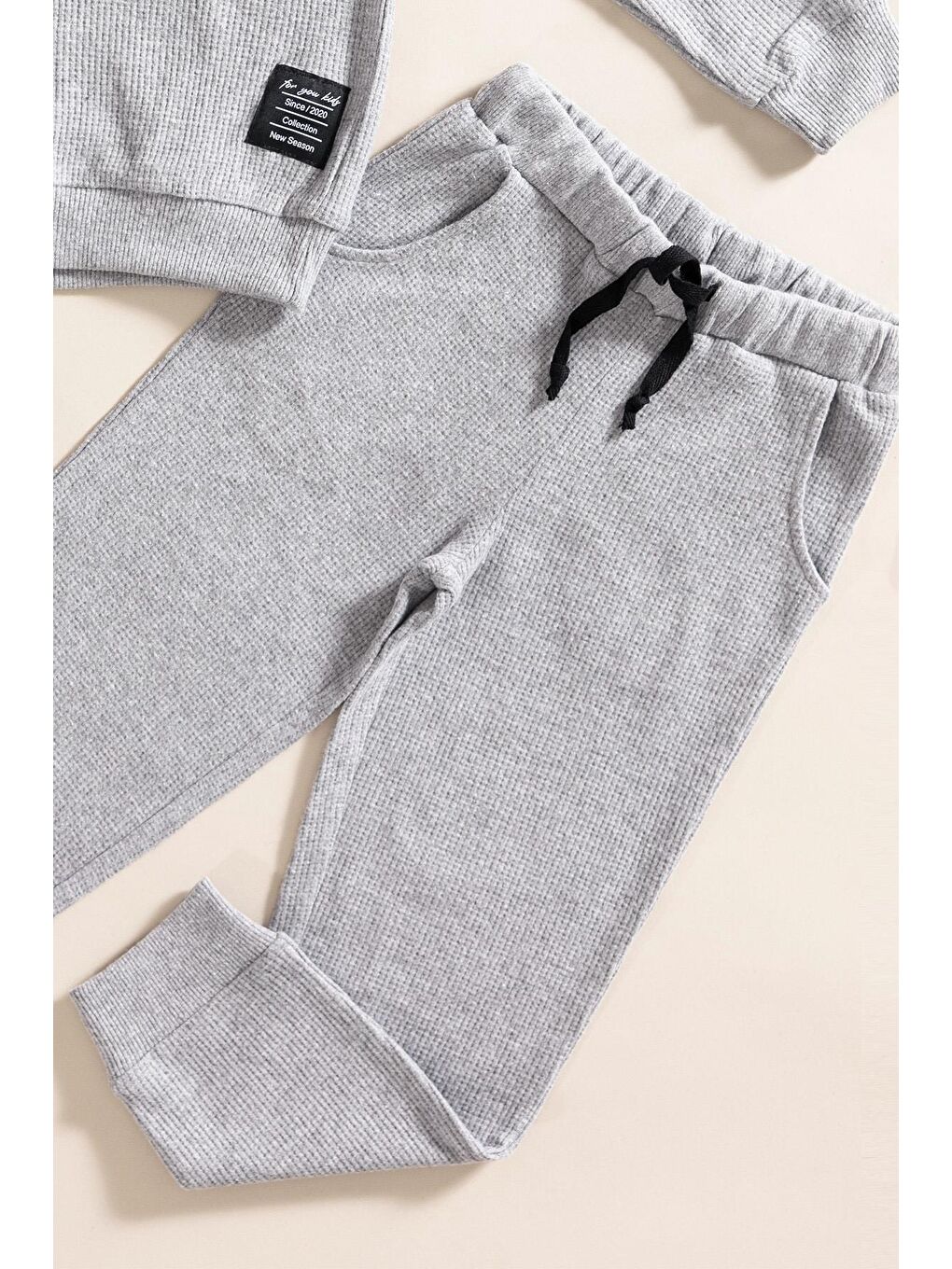 For You Kids 2 li Kapüşonlu Koyu Gri Waffle Sweat Jogger Alt Üst Takım - 2