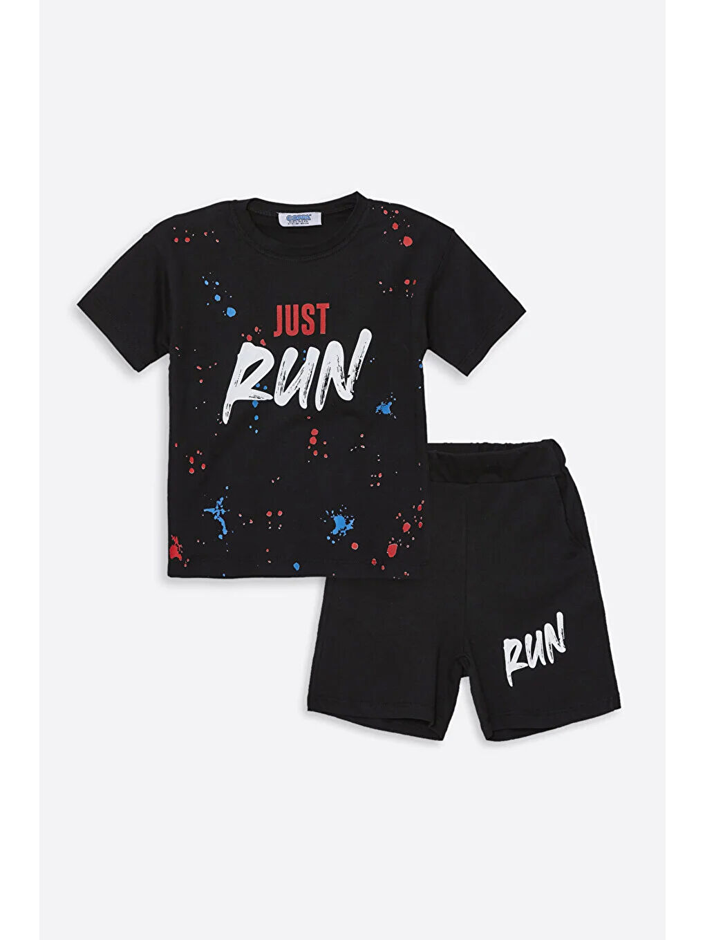 Siyah Run Baskılı Penye Şort- T-shirt Erkek - Kız Takım