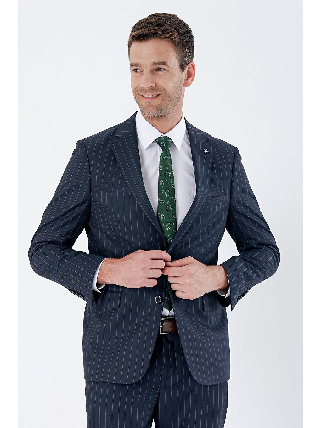 Koyu Lacivert Çizgili Mono Yaka 6 Drop Comfort Fit Rahat Kesim Klasik Takım Elbise 1001235158