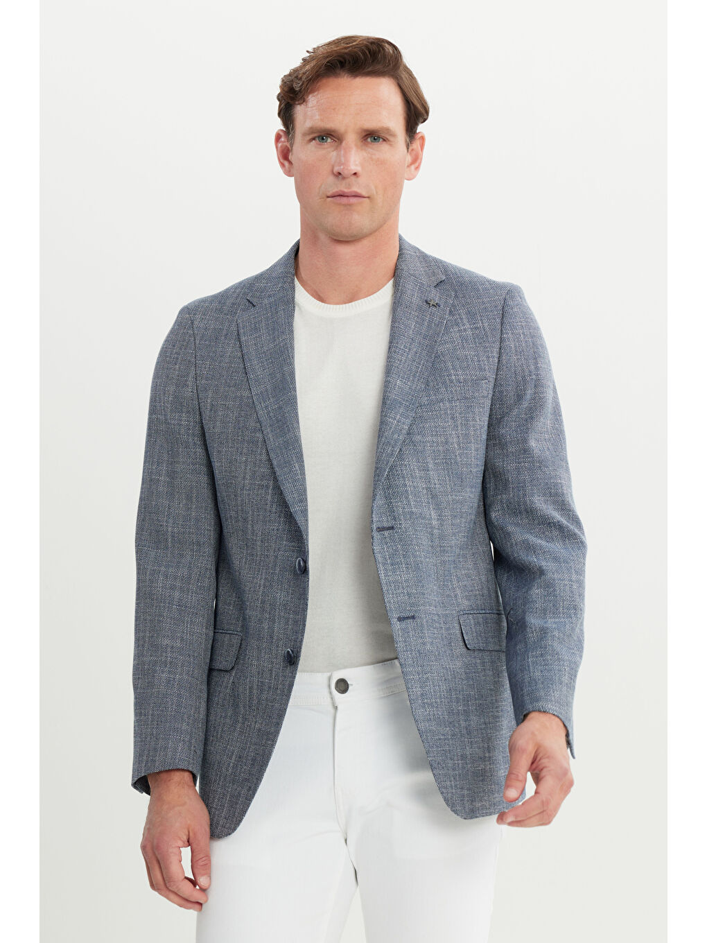 Erkek Mavi Comfort Fit Rahat Kesim Mono Yaka Desenli Ceket