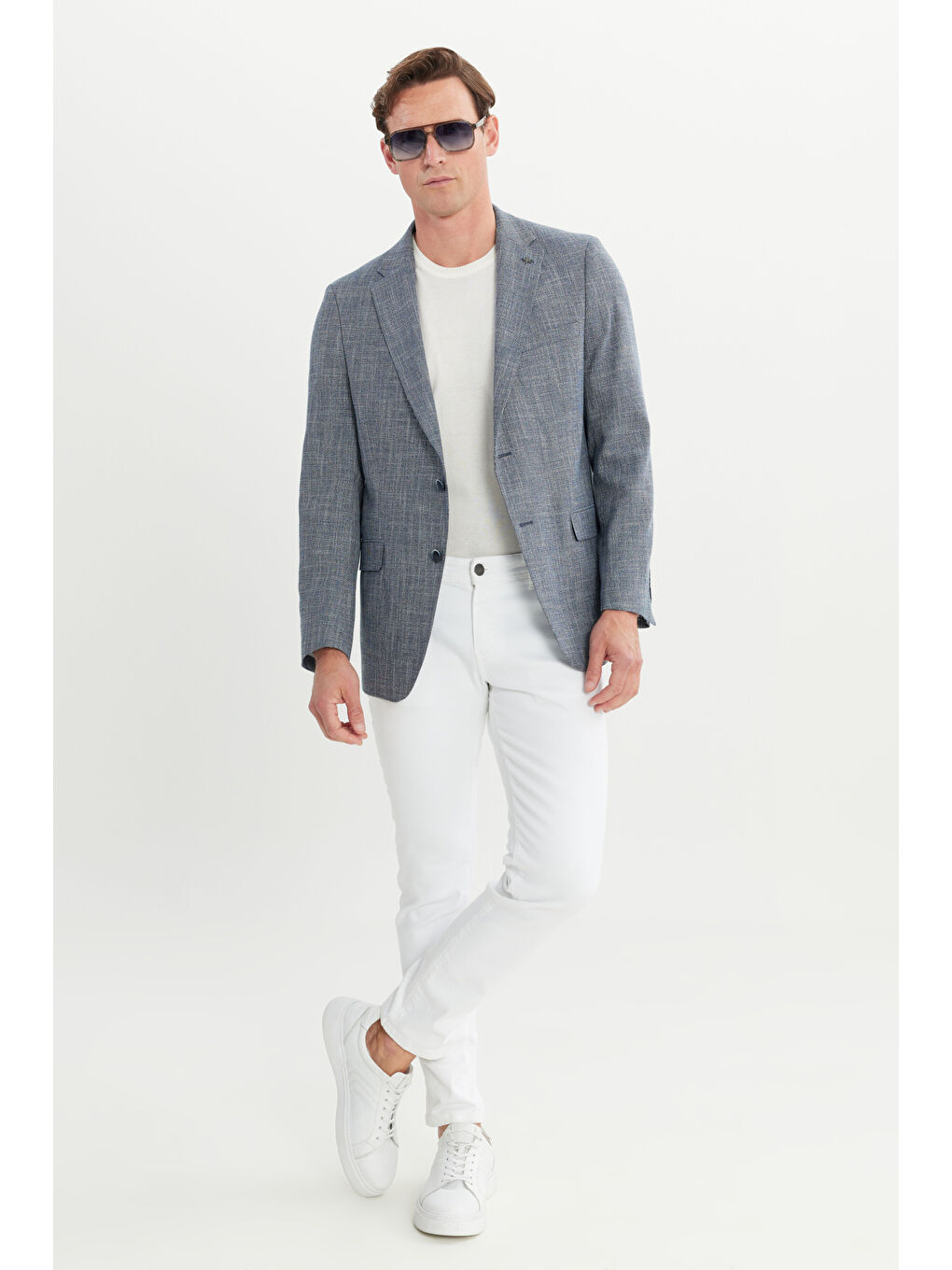 Erkek Mavi Comfort Fit Rahat Kesim Mono Yaka Desenli Ceket-1