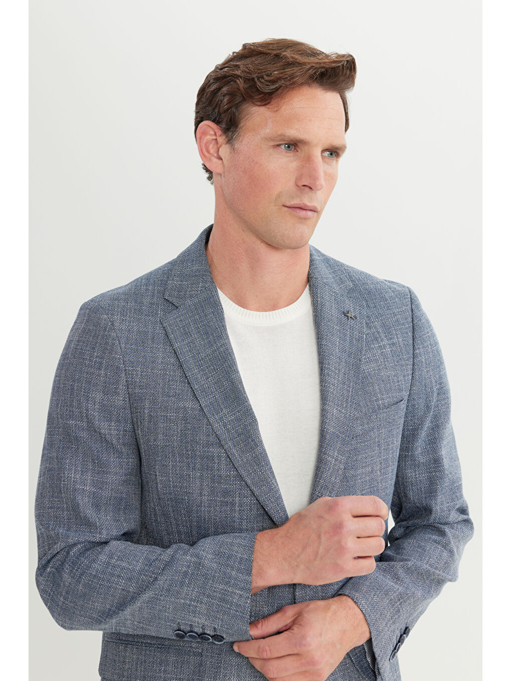 Erkek Mavi Comfort Fit Rahat Kesim Mono Yaka Desenli Ceket-3