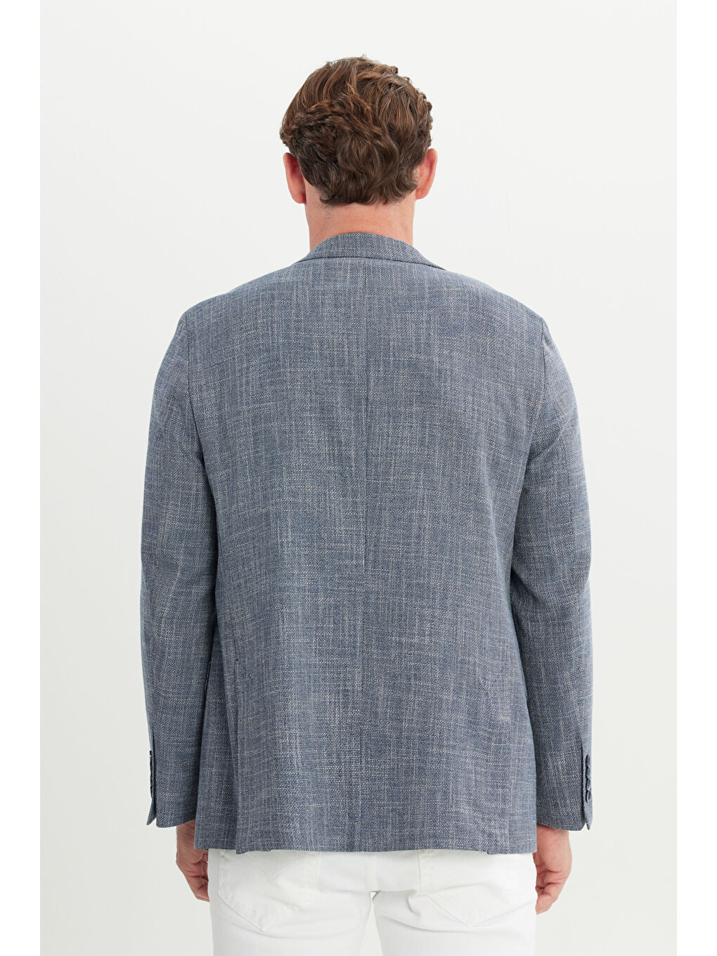 Erkek Mavi Comfort Fit Rahat Kesim Mono Yaka Desenli Ceket-4