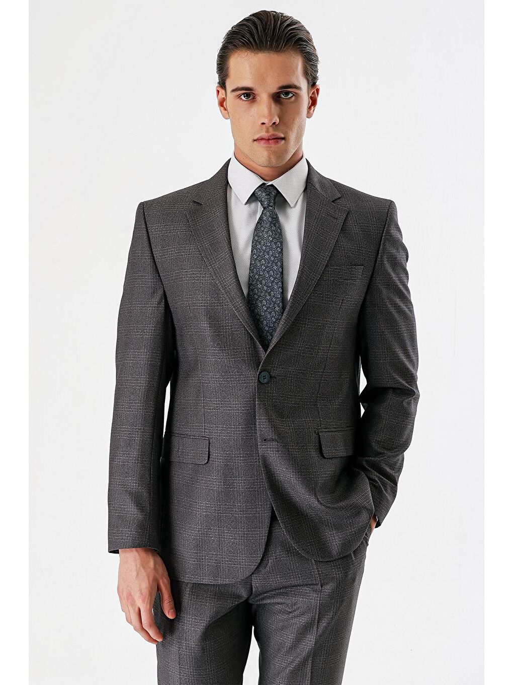 Gri Ekoseli Mono Yaka Çift Yırtmaç 6 Drop Comfort Rahat Kesim Klasik Takım Elbise 1001240160