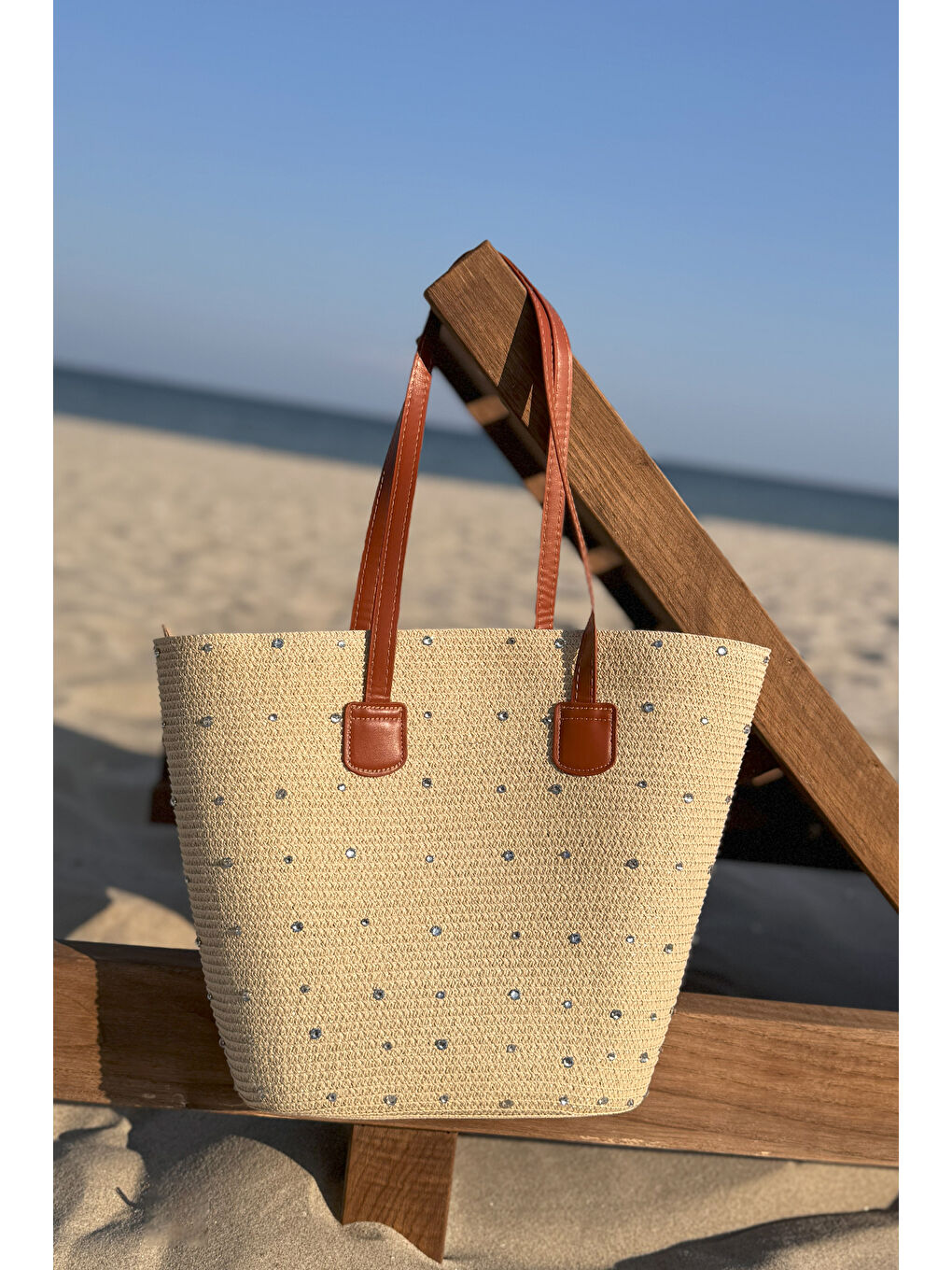 Taşlı Hasır Çanta Plaj Çantası 2006 Bej