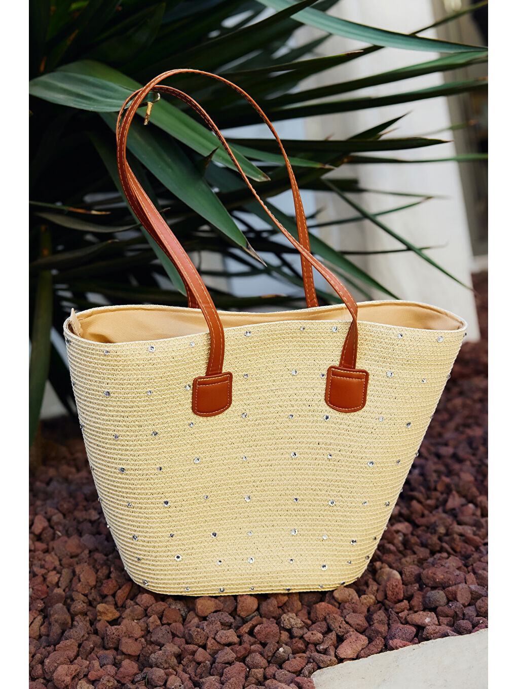 Taşlı Hasır Çanta Plaj Çantası 2006 Bej-1