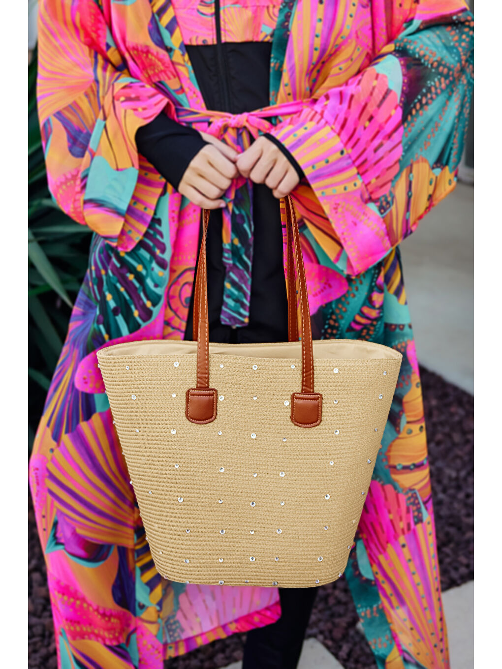 Taşlı Hasır Çanta Plaj Çantası 2006 Bej-2