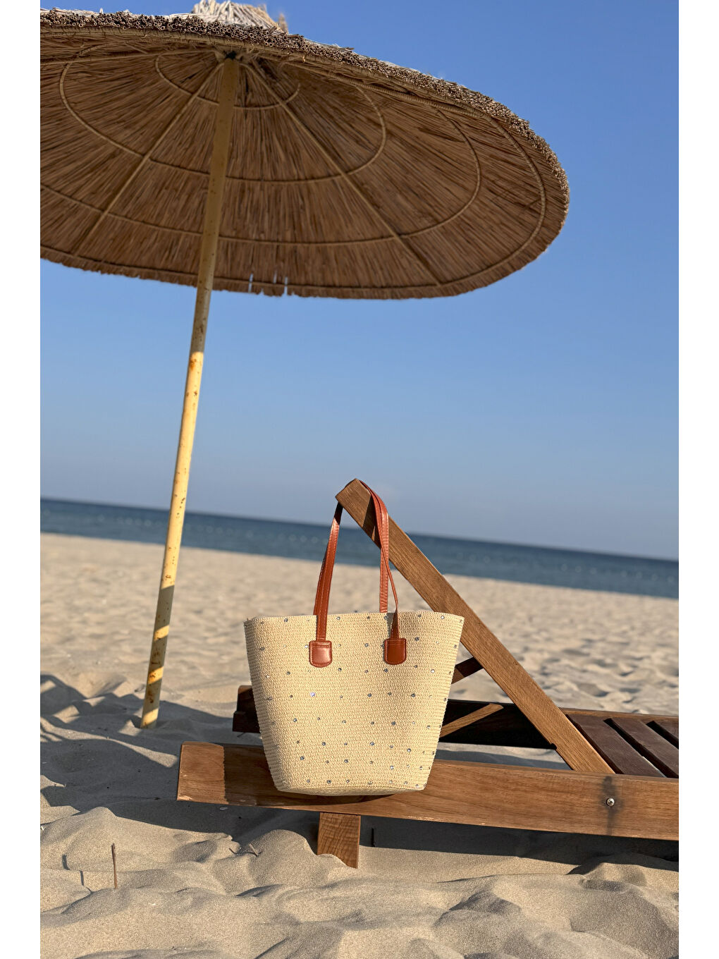 Taşlı Hasır Çanta Plaj Çantası 2006 Bej-3
