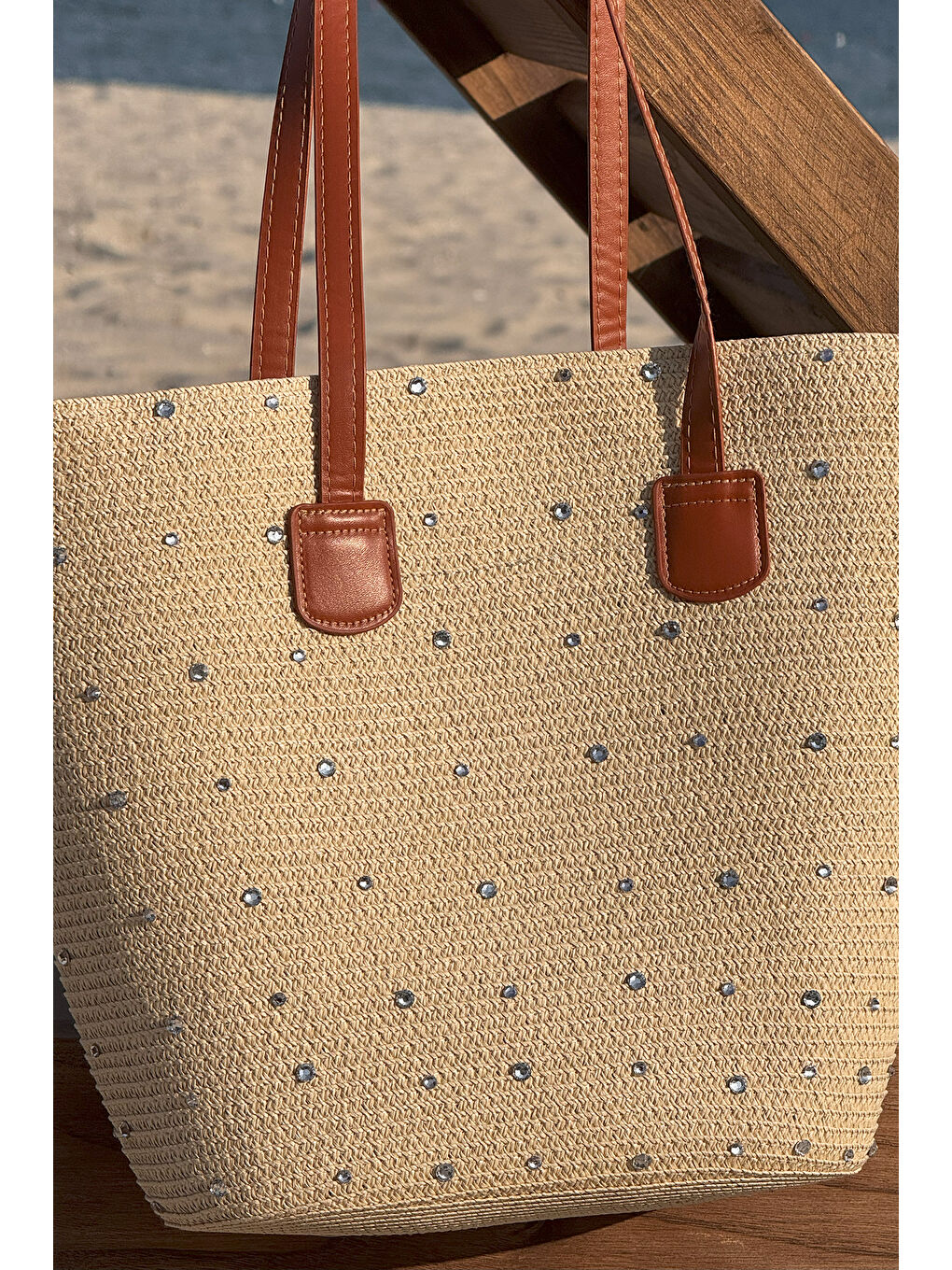 Taşlı Hasır Çanta Plaj Çantası 2006 Bej-4