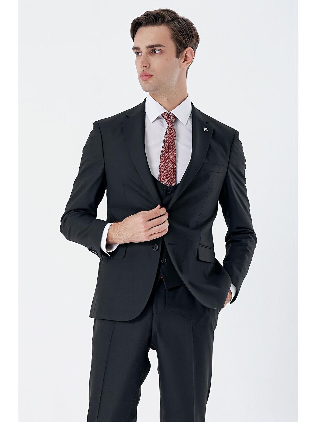 Siyah Mono Yaka Astarlı Çift Yırtmaç Yelekli 6 Drop Slim Fit Dar Kesim Basic Takım 1001230186