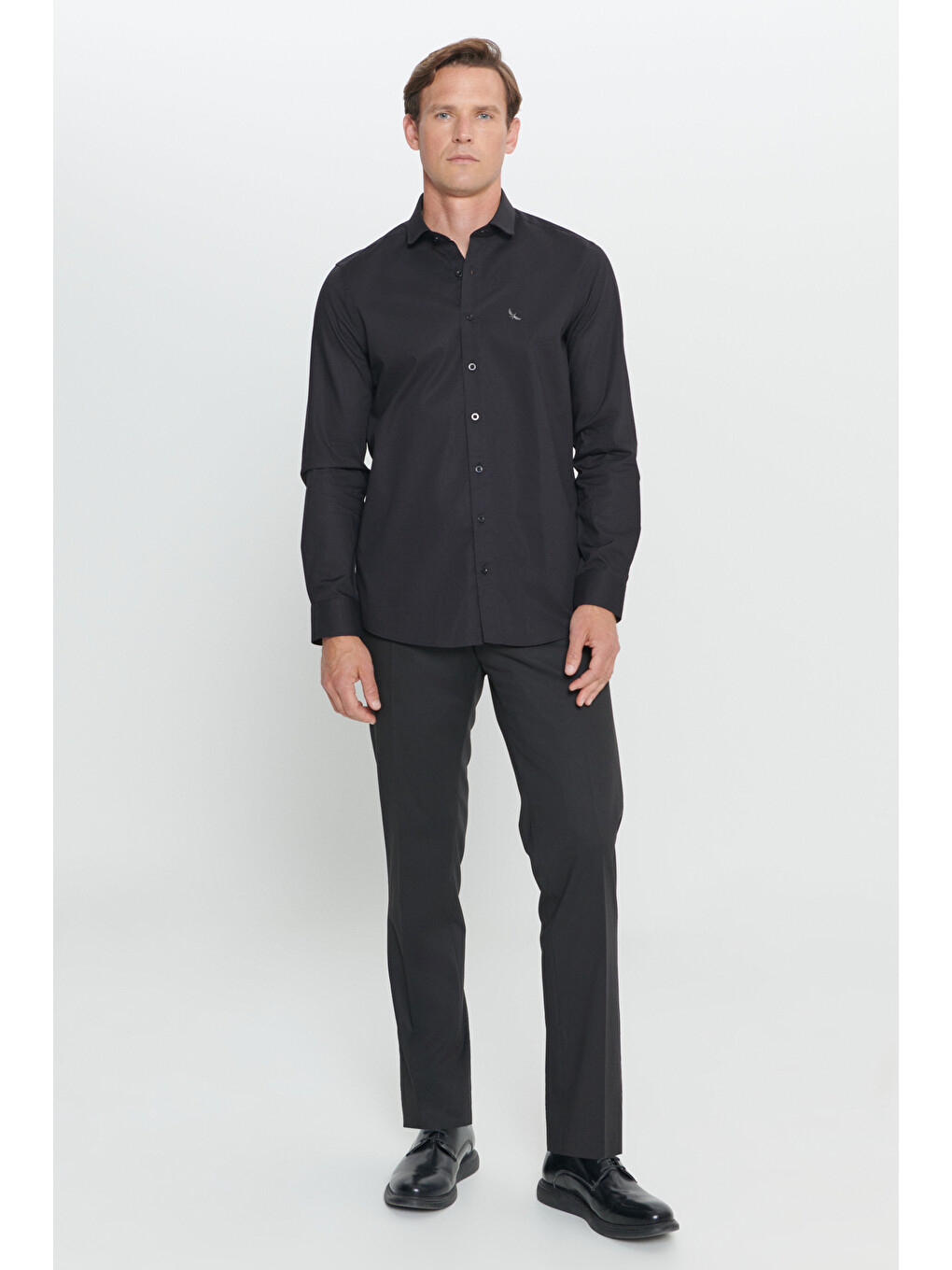 Erkek Siyah Slim Fit Dar Kesim Küçük İtalyan Yaka Armürlü Gömlek-1