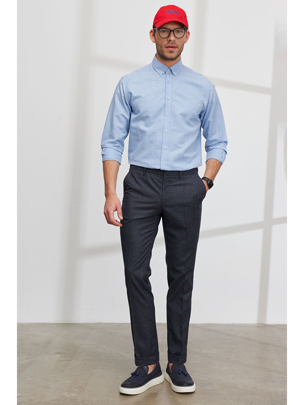 Erkek Lacivert Slim Fit Dar Kesim Yan Cepli Beli Lastikli Desenli Pantolon