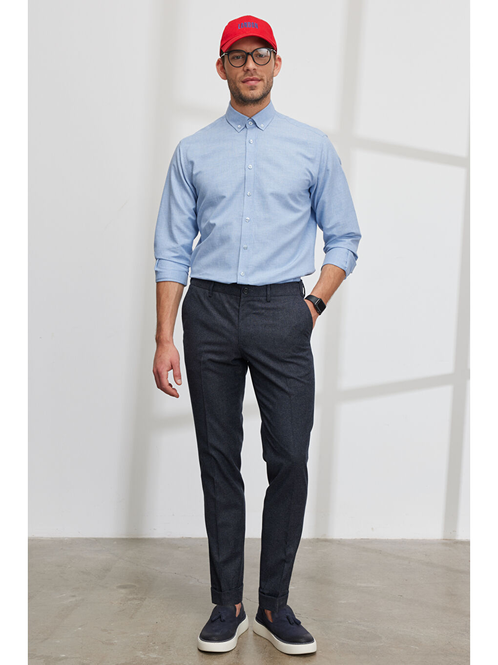 Erkek Lacivert Slim Fit Dar Kesim Yan Cepli Beli Lastikli Desenli Pantolon-1