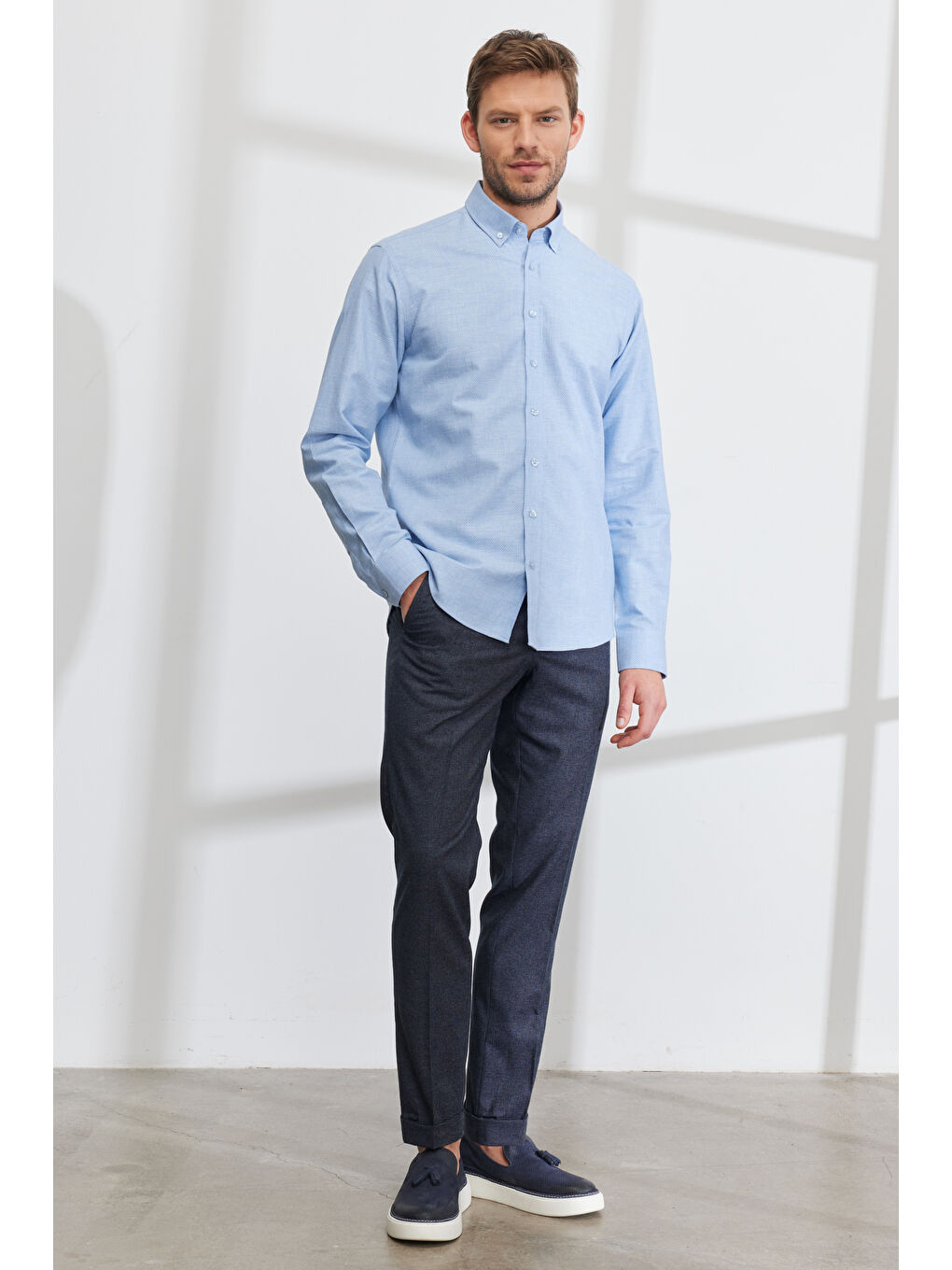 Erkek Lacivert Slim Fit Dar Kesim Yan Cepli Beli Lastikli Desenli Pantolon-2