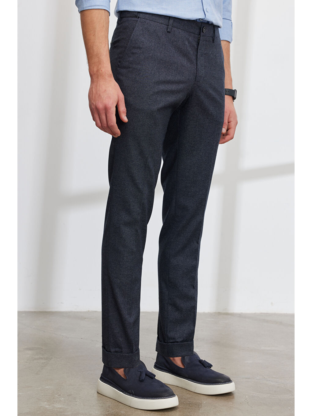 Erkek Lacivert Slim Fit Dar Kesim Yan Cepli Beli Lastikli Desenli Pantolon-3