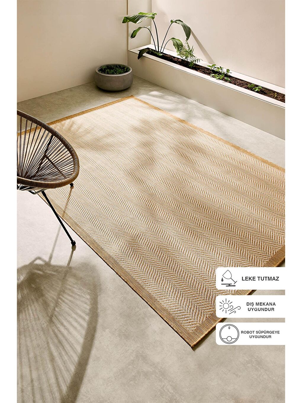 Ocean Home Textile Leke Tutmaz İç Dış Mekan Bej Renk Balıksırtı Halı Kilim 120 x 180 cm