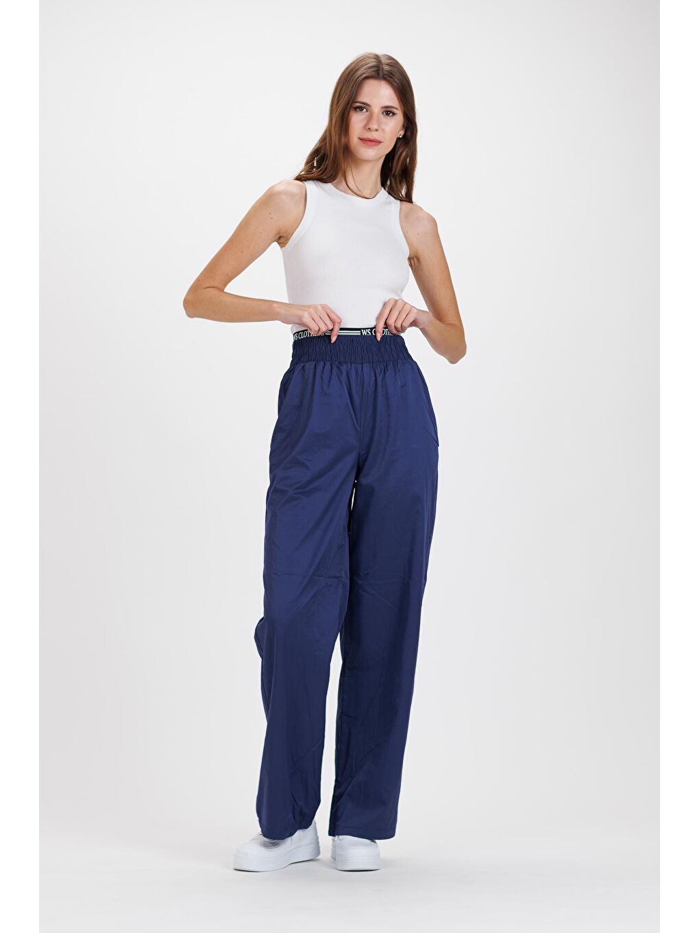 Kadın Lacivert Beli Yazılı Lastik Detay Paraşüt Pantolon-2