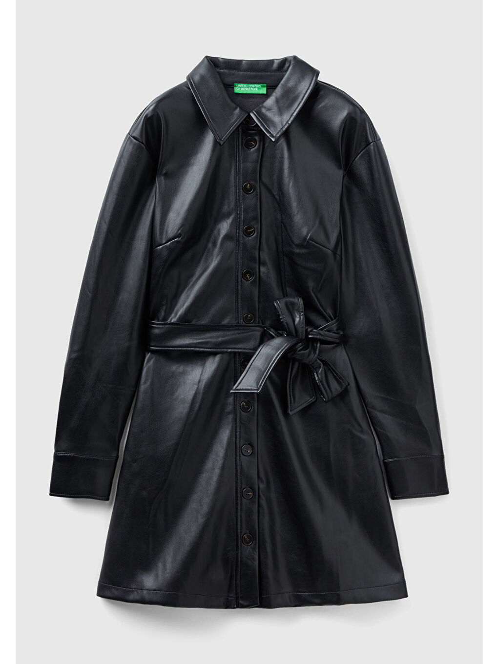 Kadın Siyah Suni Deri Gömlek Yaka Önden Düğmeli Mini Elbise-1